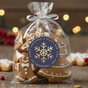 Elegante blaue Weihnachts-Schneeflocke mit falsche Runder Aufkleber