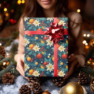 Elegante blaue Weihnachtsblumen und Ornamente Must Geschenkpapier