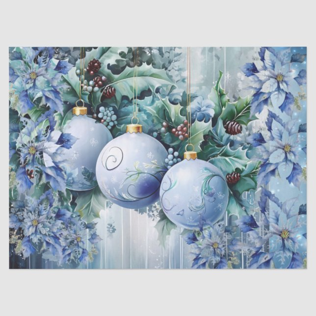 Elegante blaue Weihnachtskugeln, florale Decoupage Seidenpapier (Vorderseite)