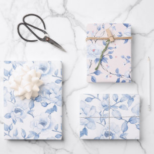 Elegante blaue weiße Blumen-Brautparty Geschenkpapier Set