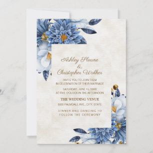 Elegante blaue weiße goldene Blumenhochzeit Einladung