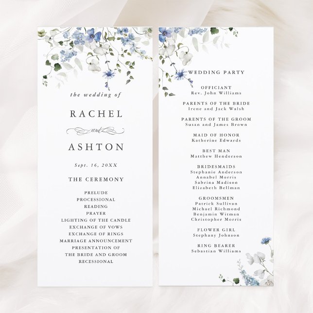 Elegante blaue weiße grüne florale Hochzeitszeremo Programm (Front & Back)