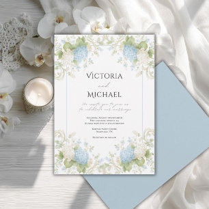 Elegante Blaue Weiße Hortensien Hochzeit im Vintag Einladung