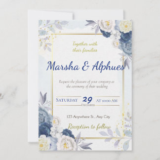 Elegante blaue, weiße und goldene Blumenhochzeits- Einladung