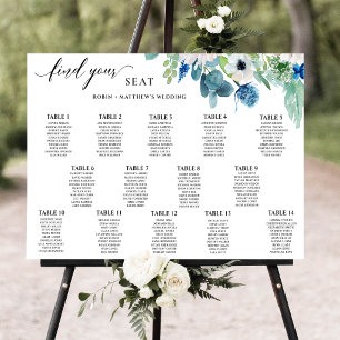 Elegante Blaue Weiße Wasserfarben-Blumen-Sitzordnu Poster
