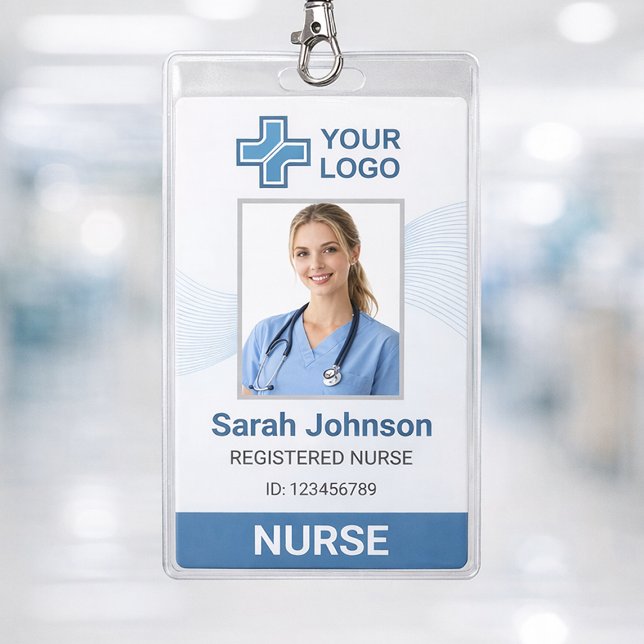 Elegante blaue Welle Krankenpfleger-Ausweis mit QR Ausweis (Professional Nurse ID Badge Template – Clean and modern medical staff ID card )