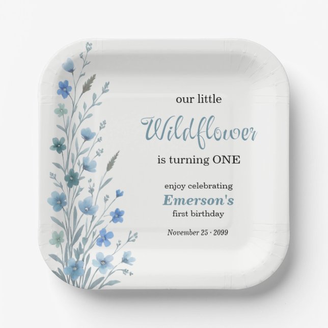Elegante Blaue Wildblumen 1. Geburtstagsfeier Pappteller (Vorderseite)