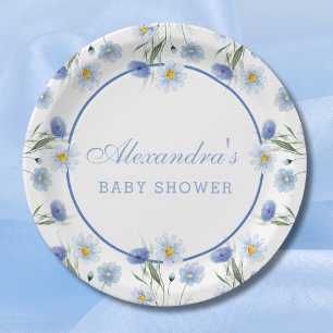 Elegante blaue Wildblumen-Boho-Baby-Party Pappteller