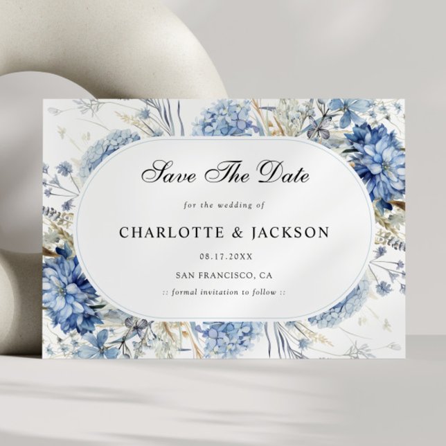 Elegante blaue Wildblumen Hochzeitsfeier mit flora Save The Date (Von Creator hochgeladen)
