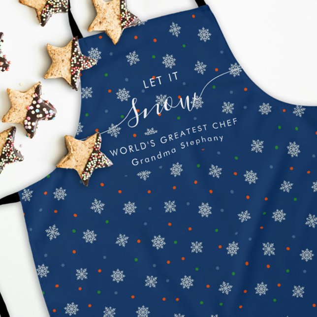 Elegante blaue Winter-Schneeflocken und -Punkte na Schürze (Let it snow personalized apron with snowflakes and custom text)