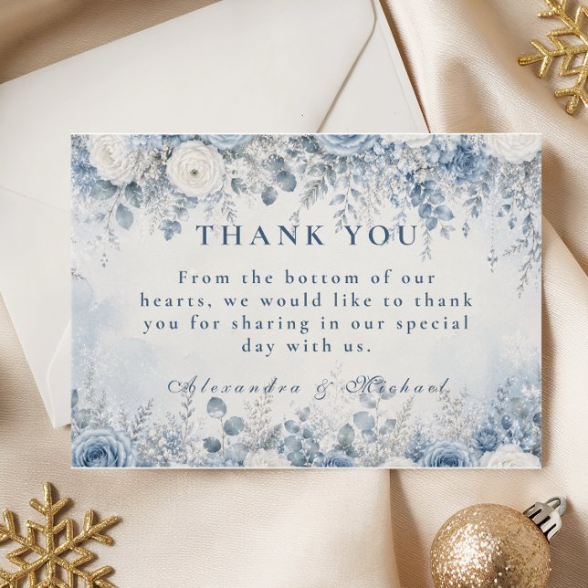 Elegante blaue Winterhochzeit Dankeskarte (Von Creator hochgeladen)