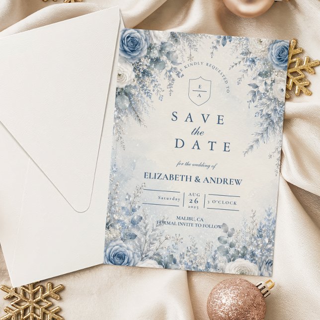 Elegante blaue Winterhochzeit Save The Date (Von Creator hochgeladen)