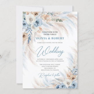 Elegante blauen Blüten und Elfenbein-Rose Pampas Einladung