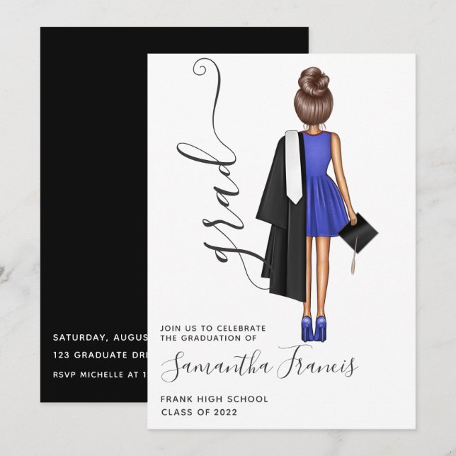 Elegante Blauer und Weiße Girl Graduation Party In Einladung (Vorne/Hinten)