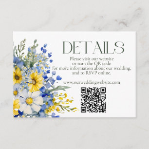Elegante blaugelbe Wildblumen Hochzeitdetails QR Begleitkarte