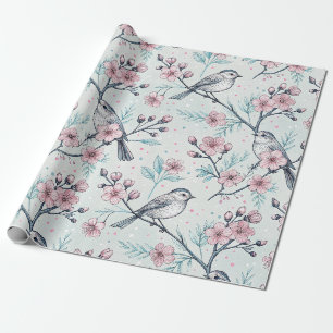 Elegante Blaugrüne Vögel Rosa Kirschblüten Geschenkpapier