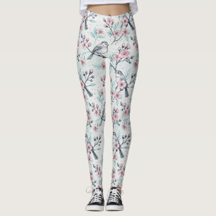 Elegante Blaugrüne Vögel Rosa Kirschblüten Leggings