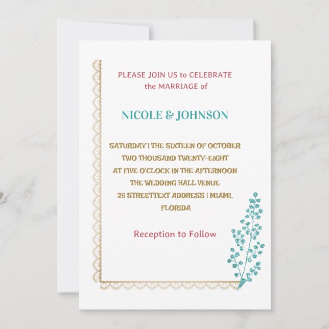 Elegante, bläuliche Hochzeitsfeier Einladung (Vorderseite)