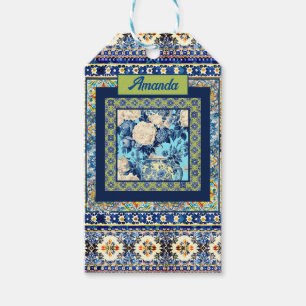 Elegante bläuliche Kachelblume Chinoiserie Monogra Geschenkanhänger