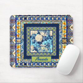 Elegante bläuliche Kachelblume Chinoiserie Monogra Mousepad