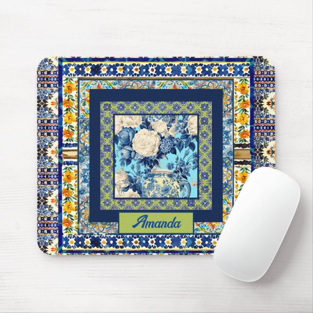 Elegante bläuliche Kachelblume Chinoiserie Monogra Mousepad (Mit Mouse)
