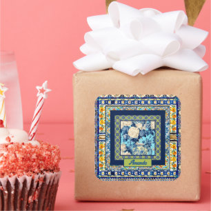 Elegante bläuliche Kachelblume Chinoiserie Monogra Quadratischer Aufkleber