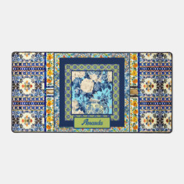 Elegante bläuliche Kachelblume Chinoiserie Monogra Schreibtischunterlage