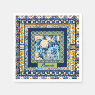 Elegante bläuliche Kachelblume Chinoiserie Monogra Serviette