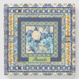 Elegante bläuliche Kachelblume Chinoiserie Monogra Steinuntersetzer