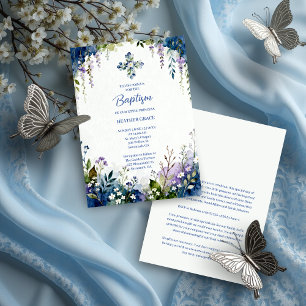 Elegante Blautöne Floraler Rahmen Bogen Taufkleid Einladung