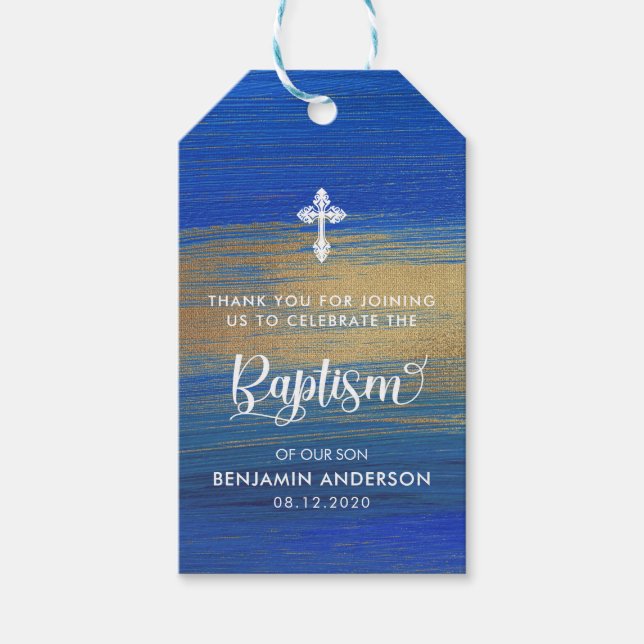 Elegante Blue and Gold Boy Taufe Vielen Dank Geschenkanhänger (Vorderseite)