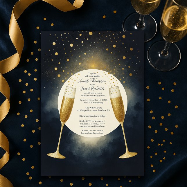 Elegante Blue and Gold Champagne Engagement Party Einladung (Von Creator hochgeladen)