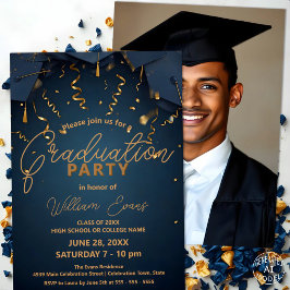 Elegante Blue and Gold Graduation Party mit Foto Einladung