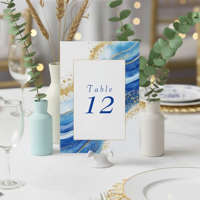 Elegante Blue and Gold Tischnummer Card (Gold and blue agate effect wedding table number card.)
