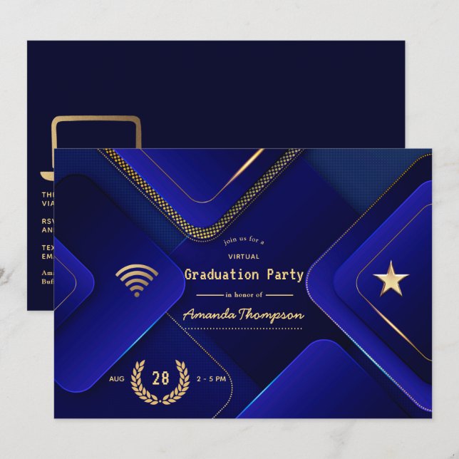 Elegante Blue and Gold Virtual Graduation Party Einladung (Vorne/Hinten)