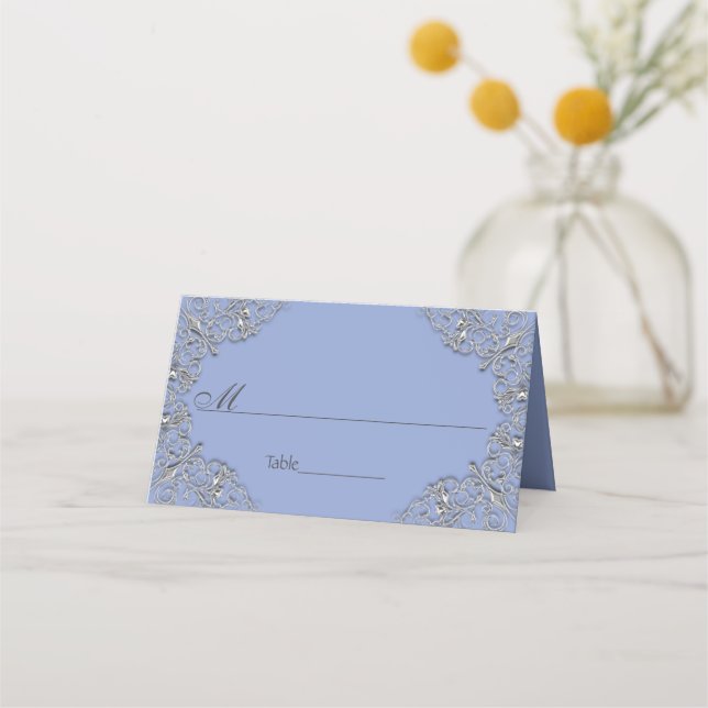 Elegante Blue and Metal Effect Scrollhochzeit Platzkarte (Vorderseite)