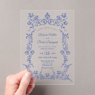 Elegante Blue and White Chinoiserie Hochzeit Acryleinladungen
