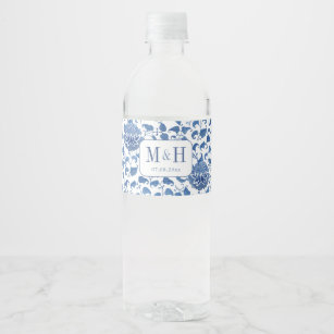 Elegante Blue and White Chinoiserie Wedding Party Wasserflaschenetikett