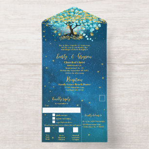Elegante Blue Aqua Aquamarines Herz Leaf Tree Hoch All-in-One-Einladung