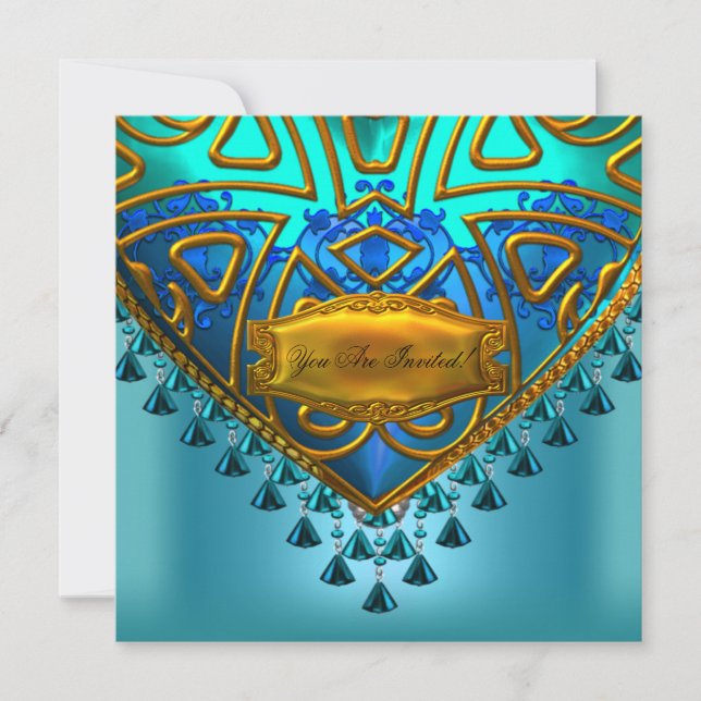 Elegante Blue Aquamarin Aqua Gold Jedes Anlasses Einladung (Vorderseite)