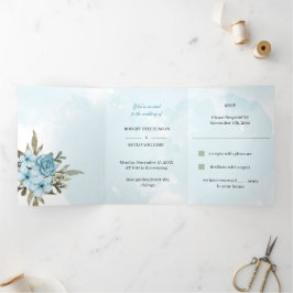 Elegante Blue Blume Personalisiert Wedding Dreifach Gefaltete Einladung