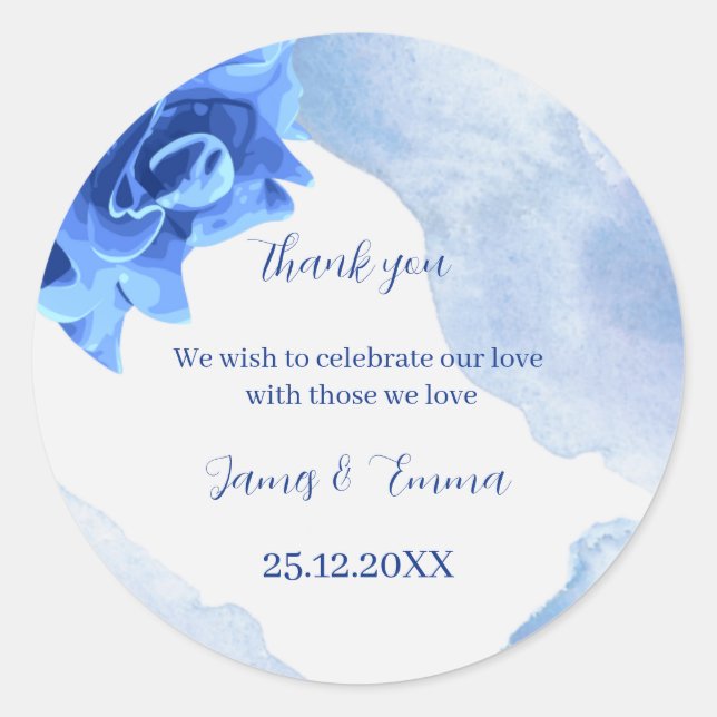 Elegante Blue Blume Personalisiert Wedding Runder Aufkleber (Vorderseite)