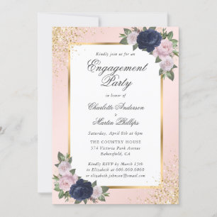 Elegante Blue Blush Gold Engagement Party Einladung
