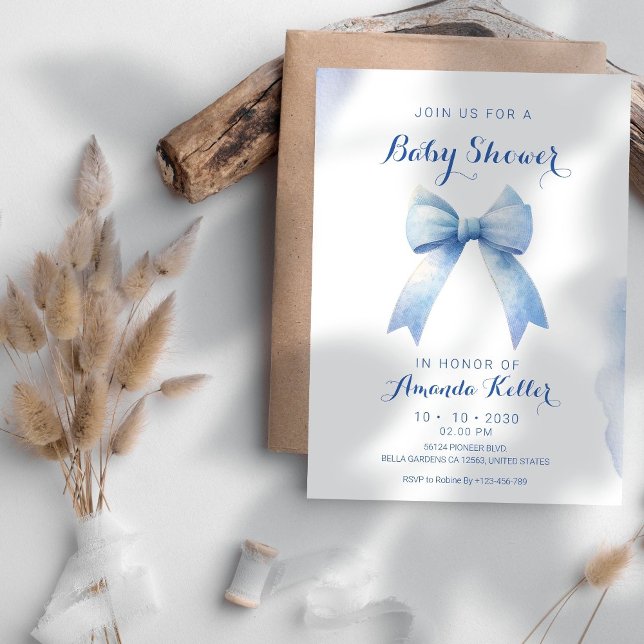 Elegante Blue Bow Baby Shower Einladung (Von Creator hochgeladen)