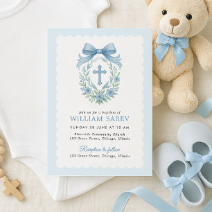 Elegante Blue Bow Taufe Einladung für Junge