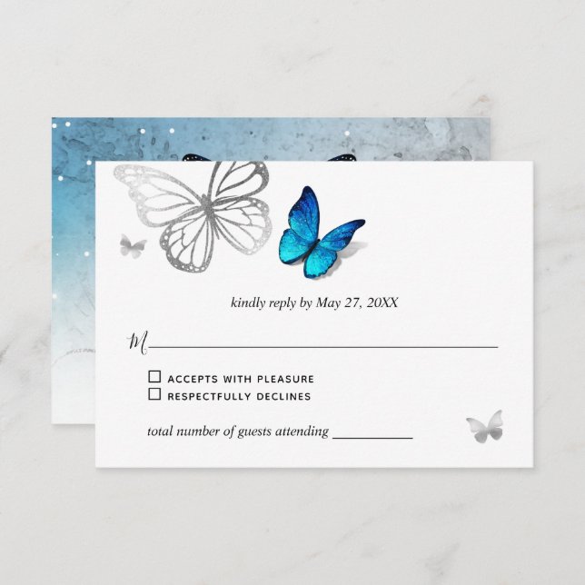 Elegante Blue Butterfly Rustic Watercolor Wedding RSVP Karte (Vorne/Hinten)