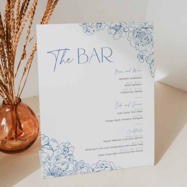 Elegante Blue Chinoiserie Bar Piazza della Riforma Sockelschild (Elegant blue chinoiserie bar menu sign with floral toile de jouy pattern)
