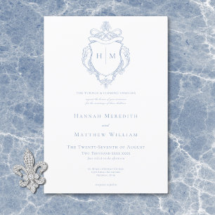 Elegante Blue Chinoiserie Bird & Wappen Wedding Einladung