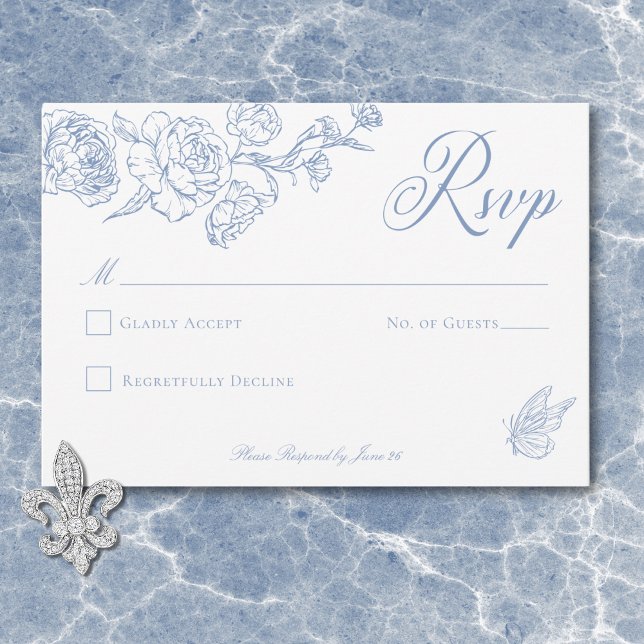 Elegante Blue Chinoiserie Bird & Wappen Wedding RSVP Karte (Elegant Blue Chinoiserie Bird & Crest Wedding No Dinner RSVP Card)