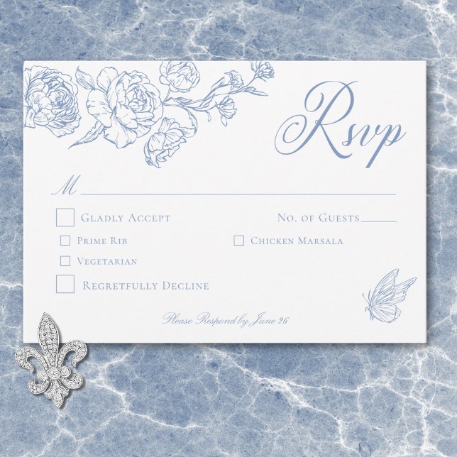 Elegante Blue Chinoiserie Bird & Wappen Wedding RSVP Karte (Elegant Blue Chinoiserie Bird & Crest Wedding Dinner RSVP Card)